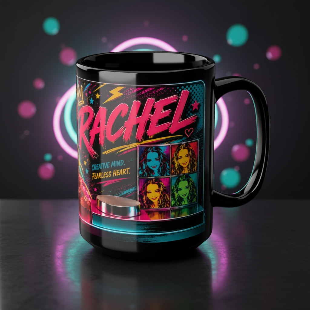 Personalized Neon Pop Photo Mug — Custom Name 'Rachel' 15oz Black Ceramic