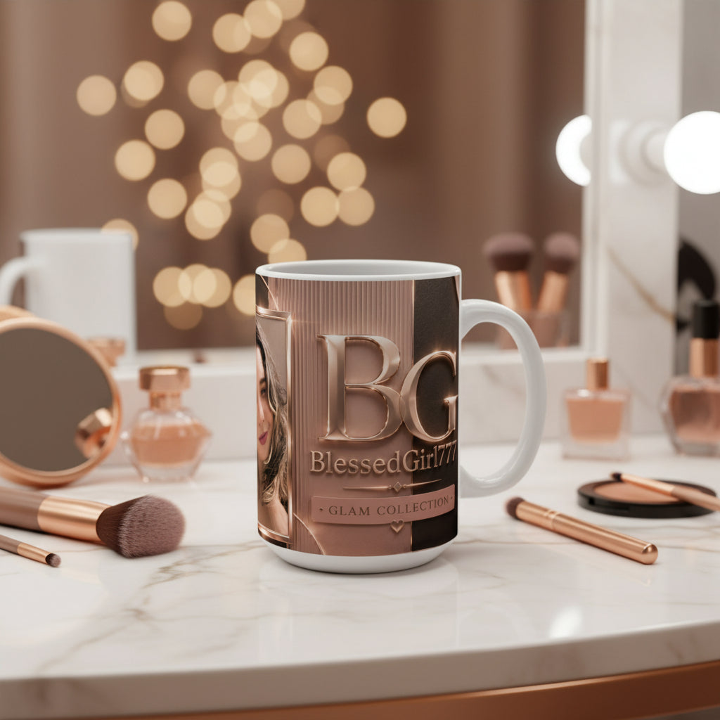 BlessedGirl777 Glam Collection 15oz Ceramic Mug — Rose Gold Logo Coffee Cup