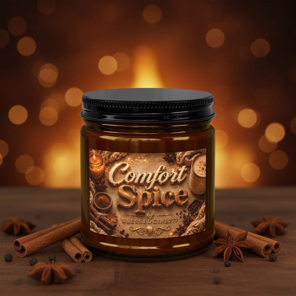 Comfort Spice Scented Soy Candle — Amber Jar with Black Lid (4 oz & 9 oz)
