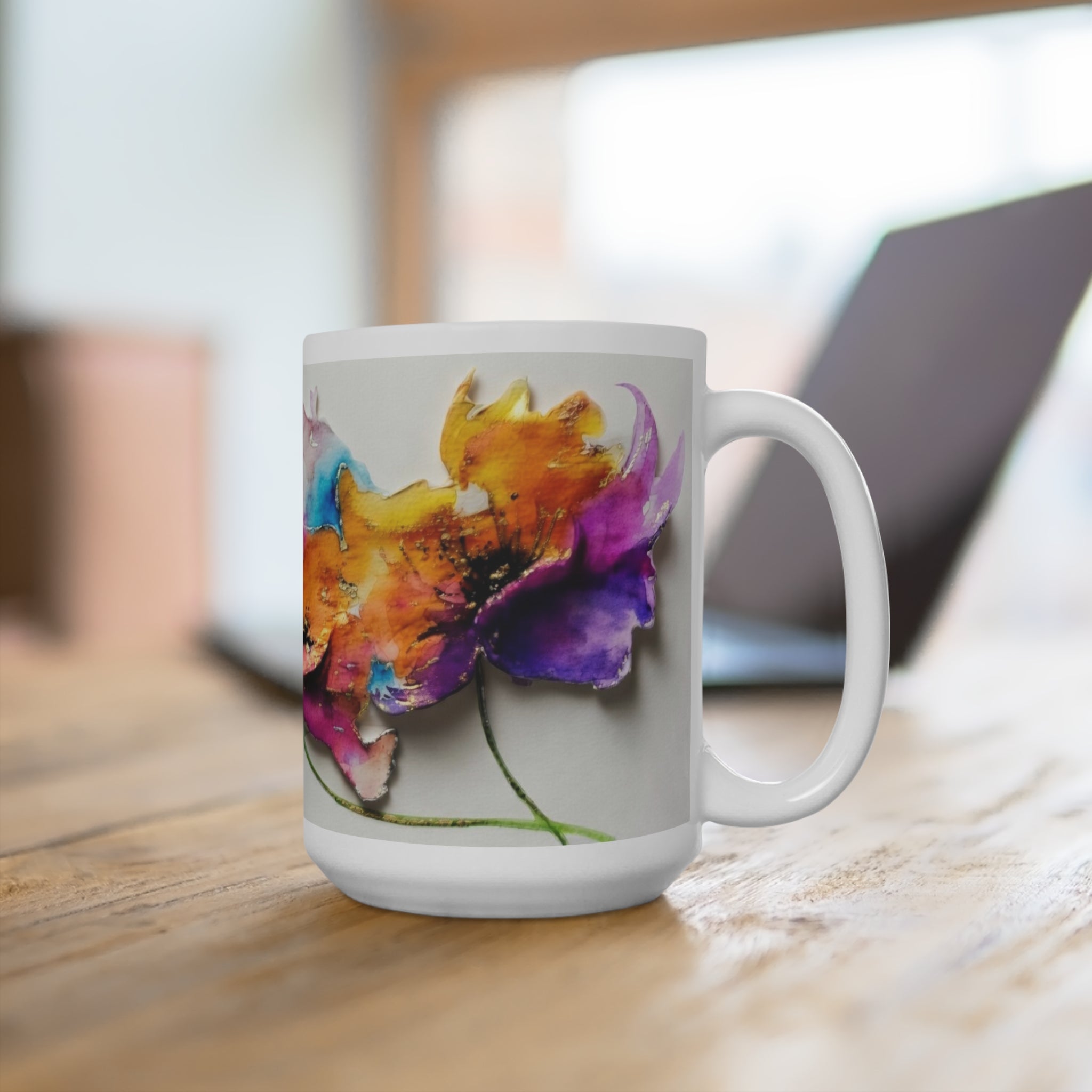 Watercolor Poppy Floral Mug | 15oz Ceramic Coffee Cup