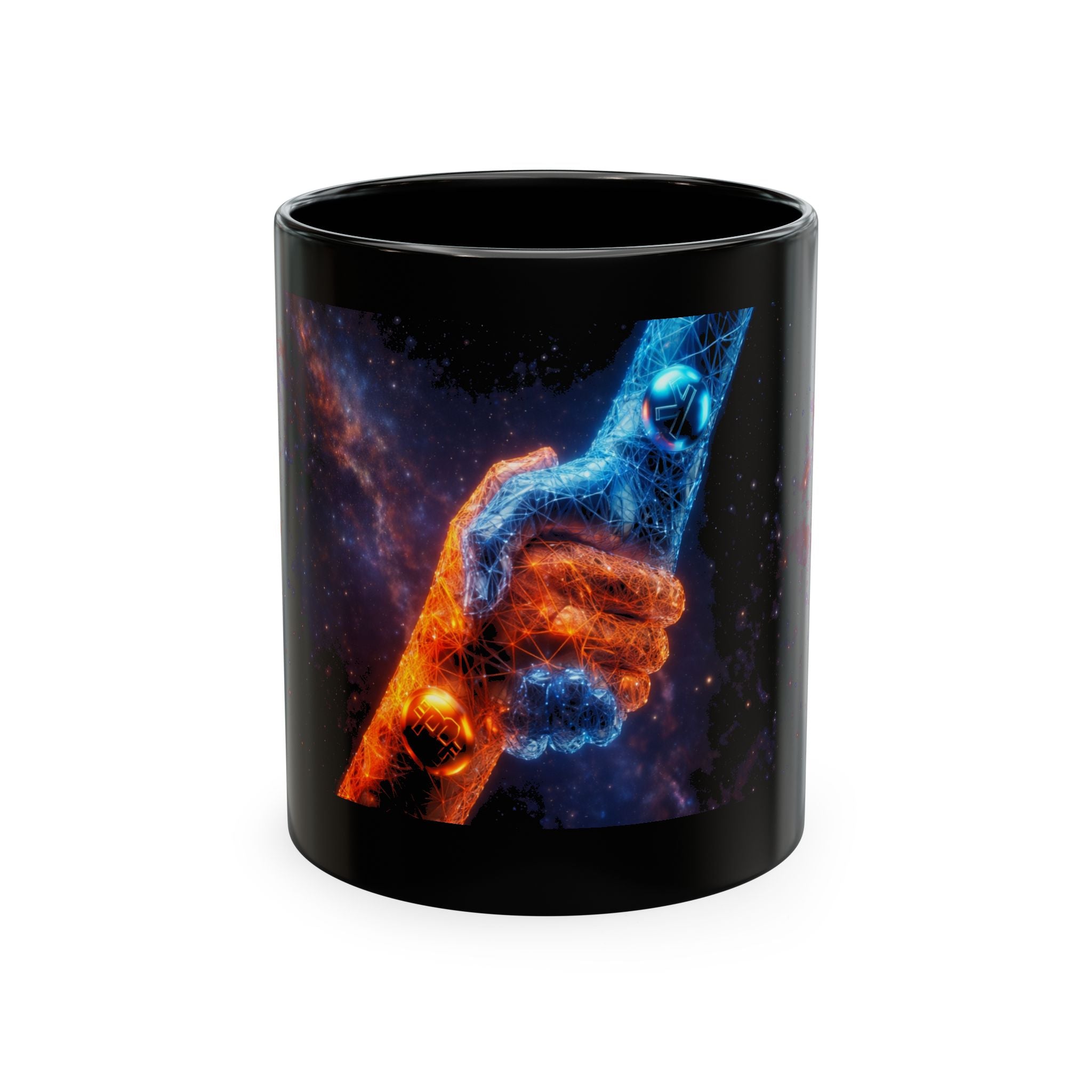 Cosmic Unity Mug — Fire & Ice Hands Galaxy Ceramic Coffee Cup