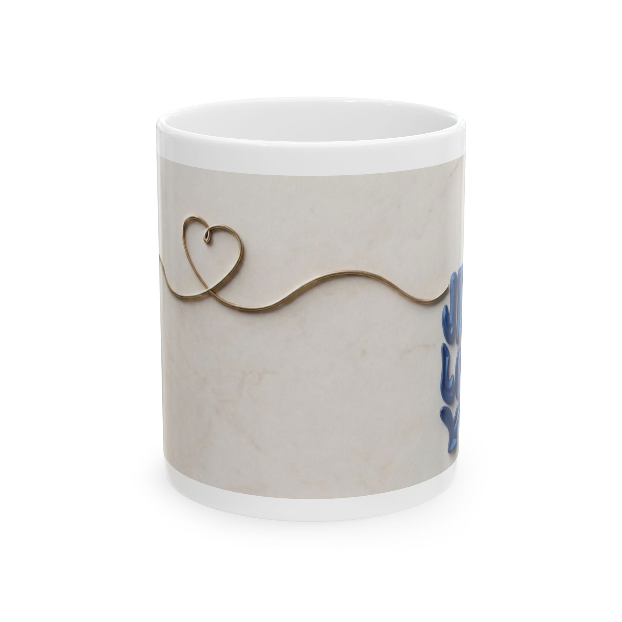 Wire Heart Line Art Ceramic Mug | Blue Floral Accent
