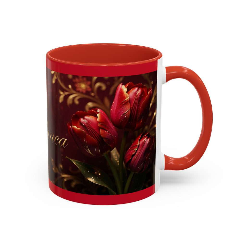 Red Tulip Floral Accent Coffee Mug | Personalized Name Script