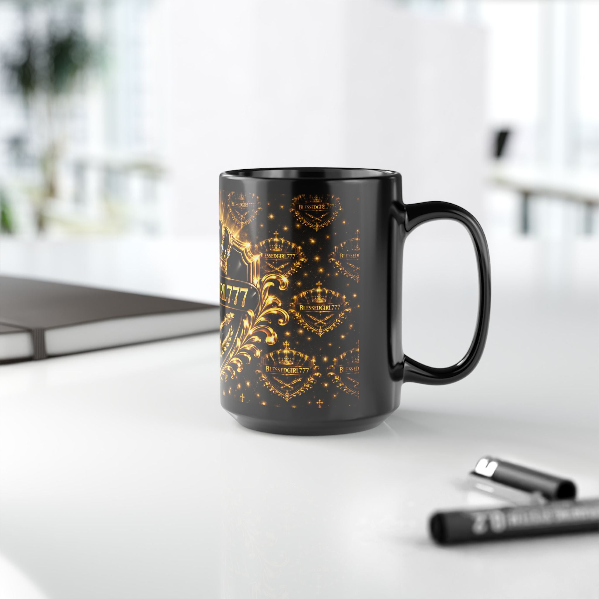 BlessedGirl777 Gold Crown Black Mug — 15oz Inspirational Coffee Cup
