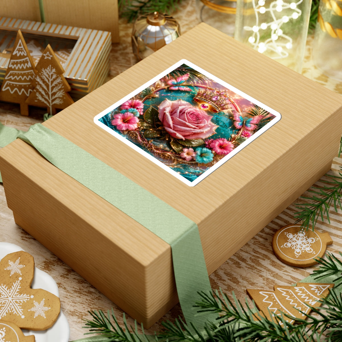 Royal Rose Kiss-Cut Sticker — Glitter Crown, Butterflies & Floral Vintage Decor