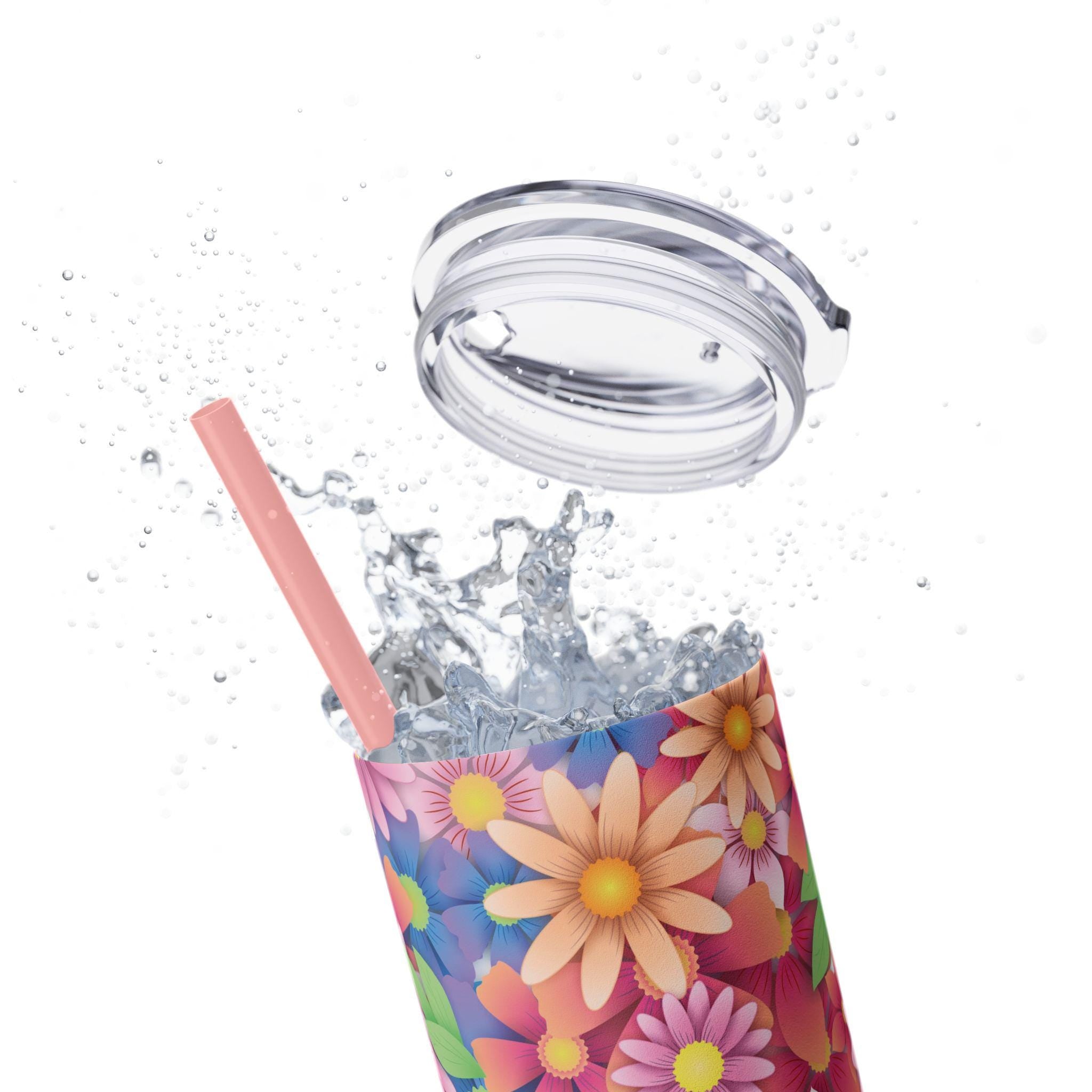 Vaso Térmico Skinny 20oz Floral - Tumbler de Acero Inoxidable con Pitillo, Regalo Botánico para Mujer, Vaso Estético para Café Helado