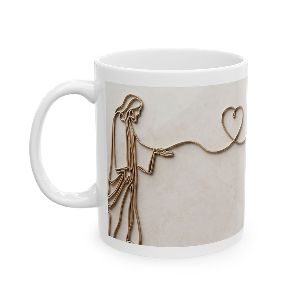 Wire Heart Line Art Ceramic Mug | Blue Floral Accent