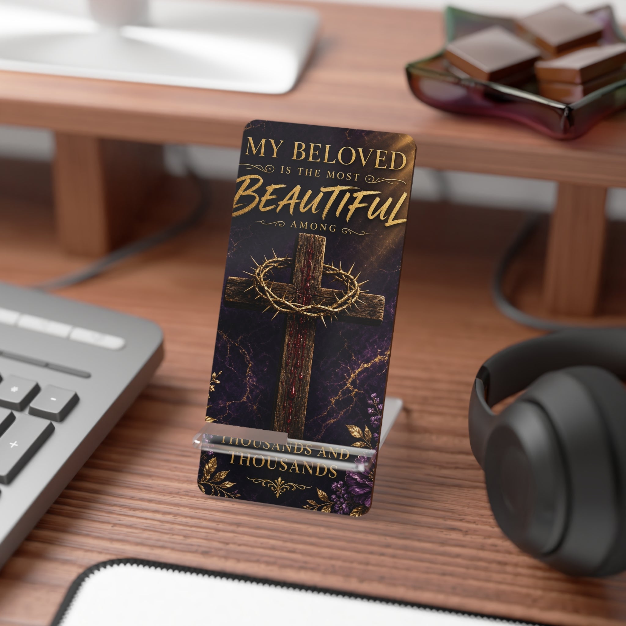Christian Cross Phone Stand — "My Beloved is the Most Beautiful" Mobile Display Stand