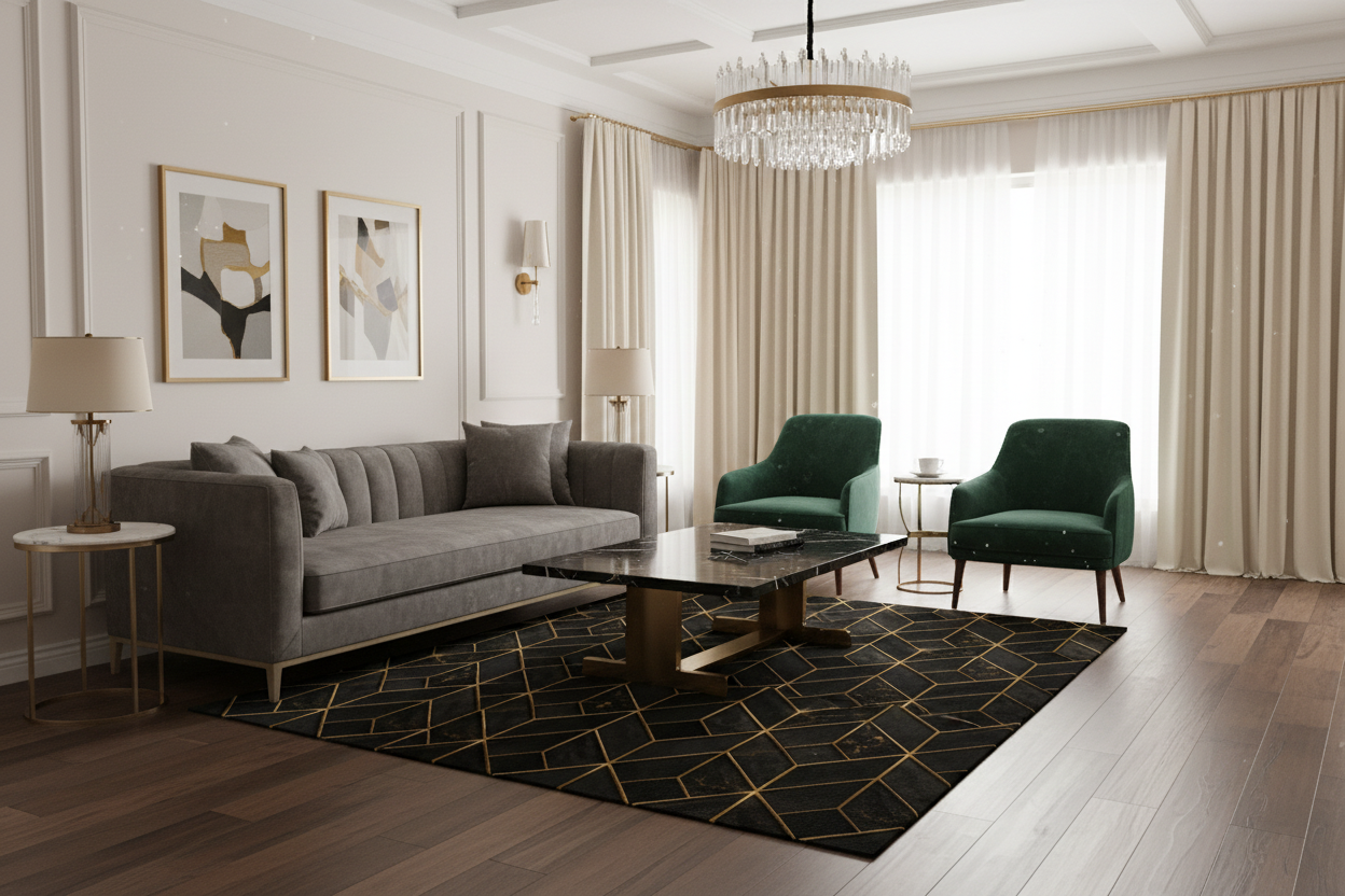 Geometric Black & Gold Washable Rug — Modern Chevron Accent Mat