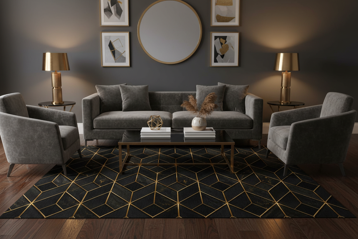 Geometric Black & Gold Washable Rug — Modern Chevron Accent Mat