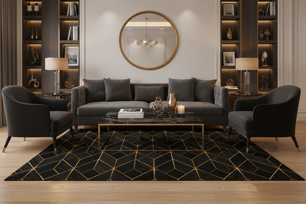 Geometric Black & Gold Washable Rug — Modern Chevron Accent Mat