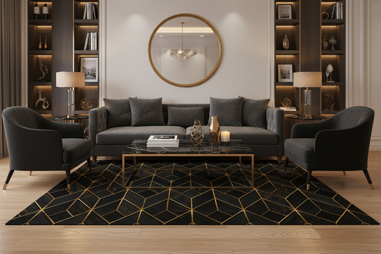 Geometric Black & Gold Washable Rug — Modern Chevron Accent Mat