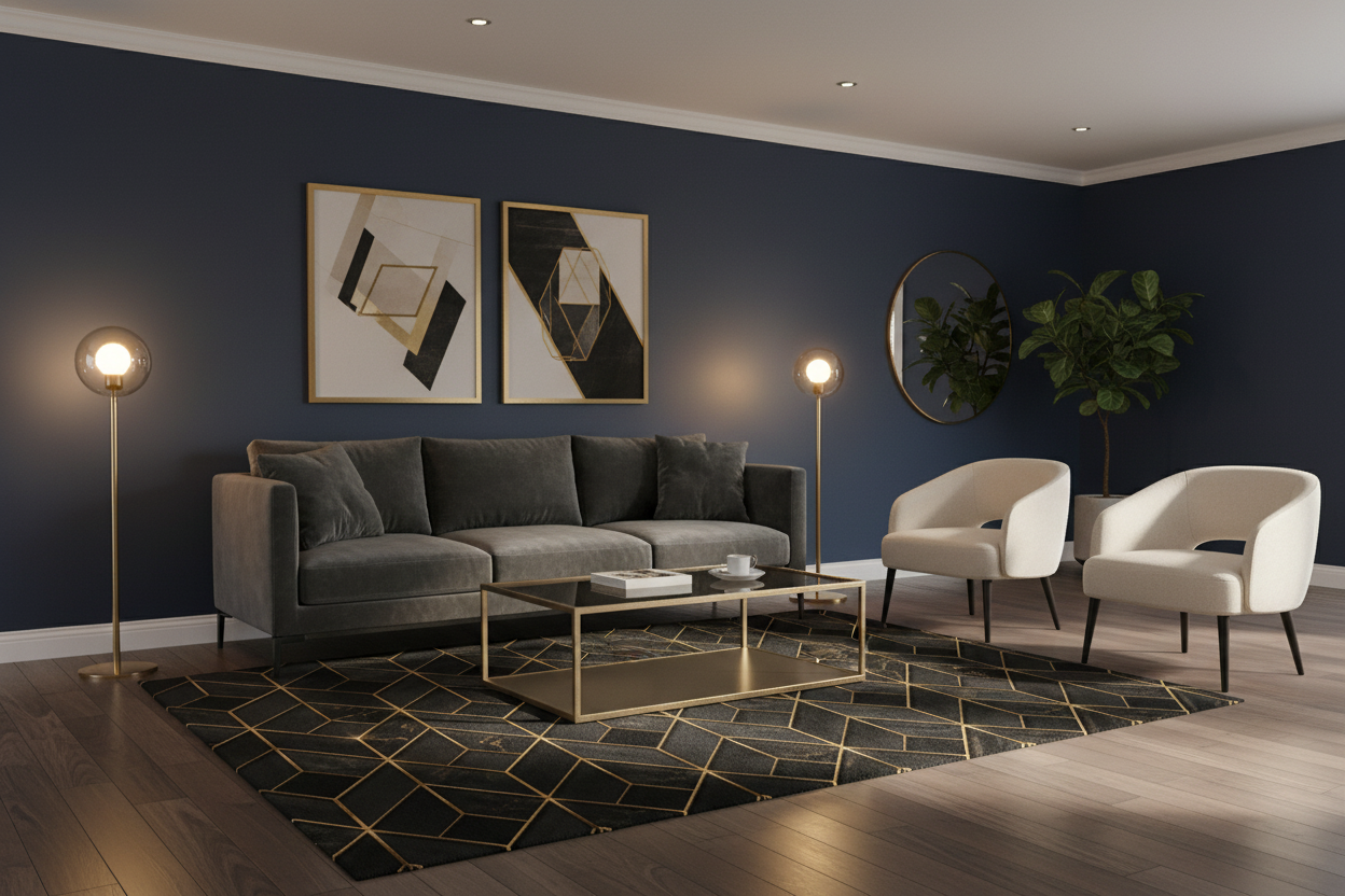 Geometric Black & Gold Washable Rug — Modern Chevron Accent Mat