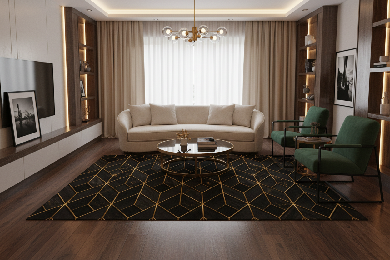 Geometric Black & Gold Washable Rug — Modern Chevron Accent Mat