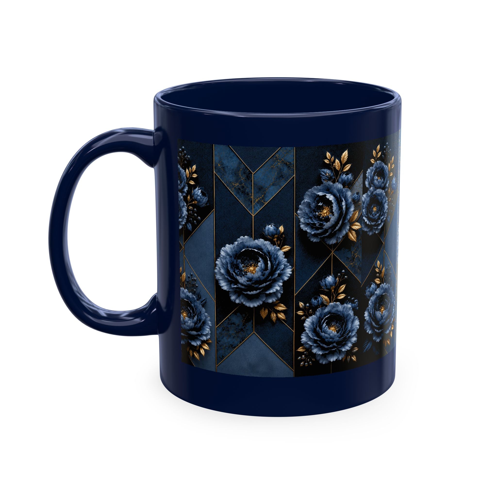 Navy Blue Floral Ceramic Mug — Elegant Rose Pattern Coffee Cup