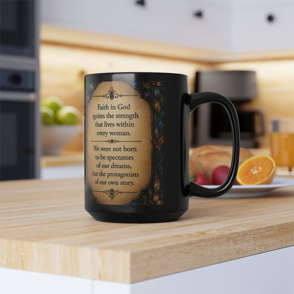 Rising Phoenix Faith Mug — Stained Glass 15oz Black Ceramic ✨