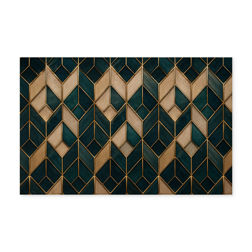 Geometric Teal & Gold Washable Rug — Art Deco Chevron Entryway Mat