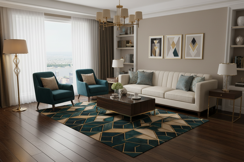 Geometric Teal & Gold Washable Rug — Art Deco Chevron Entryway Mat