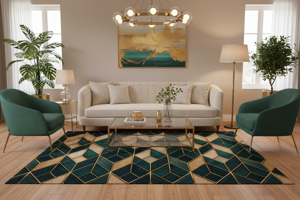 Geometric Teal & Gold Washable Rug — Art Deco Chevron Entryway Mat