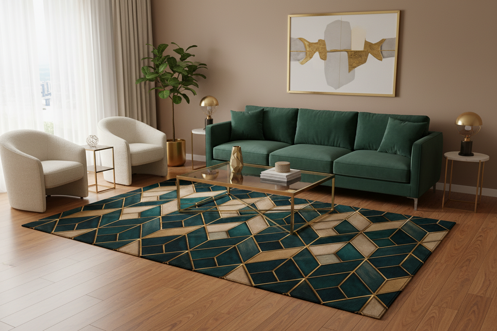 Geometric Teal & Gold Washable Rug — Art Deco Chevron Entryway Mat