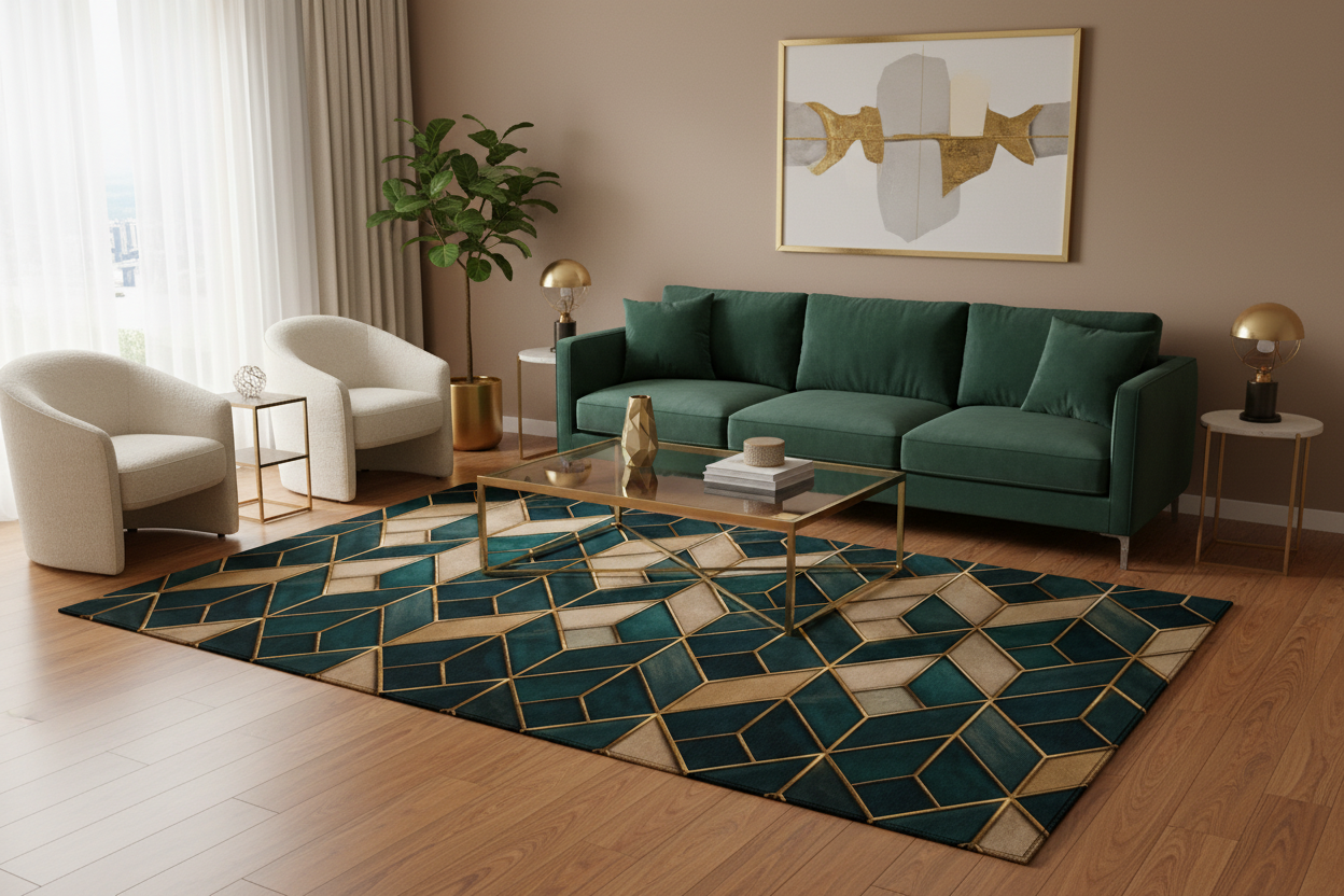 Geometric Teal & Gold Washable Rug — Art Deco Chevron Entryway Mat
