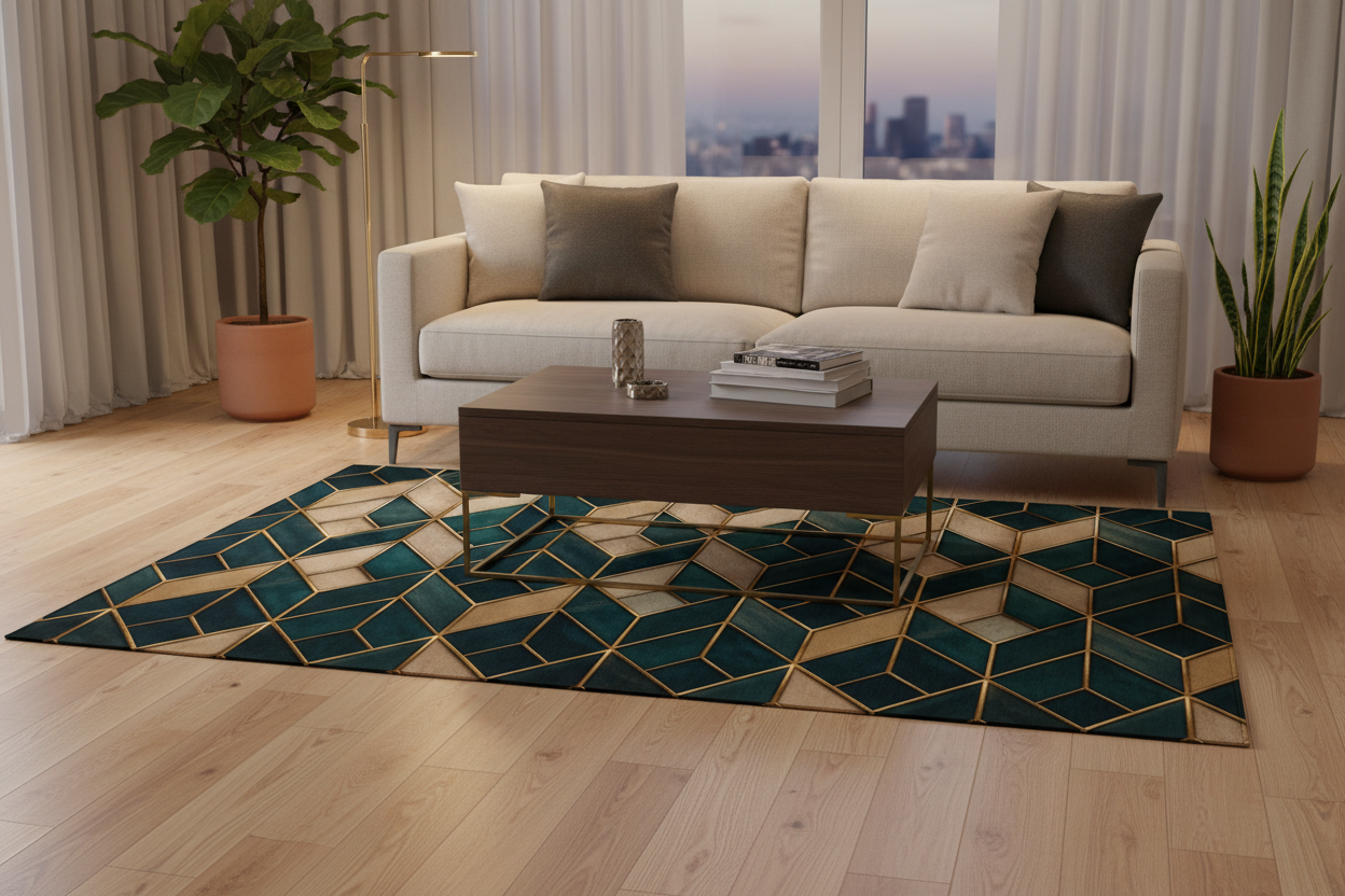 Geometric Teal & Gold Washable Rug — Art Deco Chevron Entryway Mat