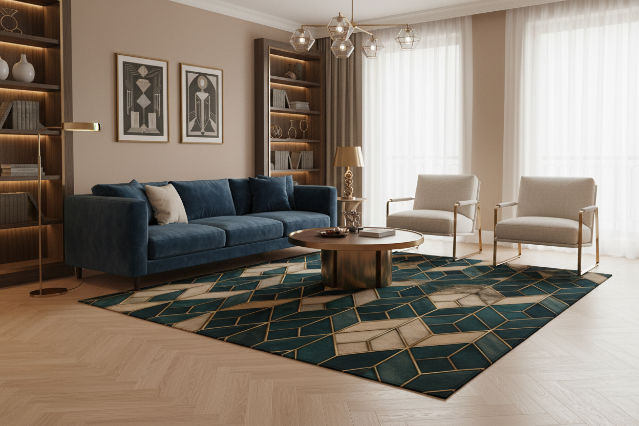 Geometric Teal & Gold Washable Rug — Art Deco Chevron Entryway Mat