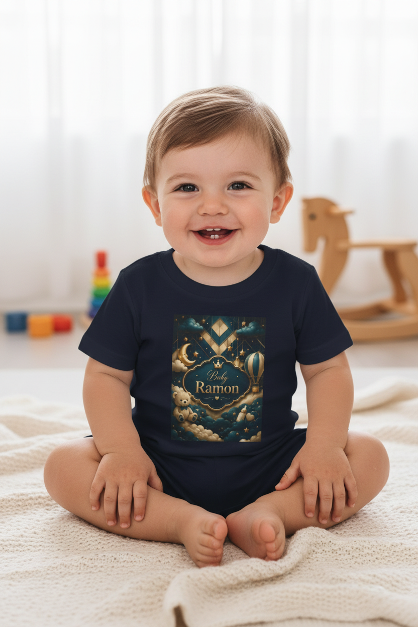 Infant Tee — Personalized 'Baby Ramon' Moon & Hot Air Balloon Night Sky Design