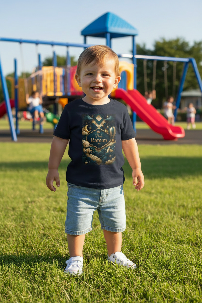 Infant Tee — Personalized 'Baby Ramon' Moon & Hot Air Balloon Night Sky Design