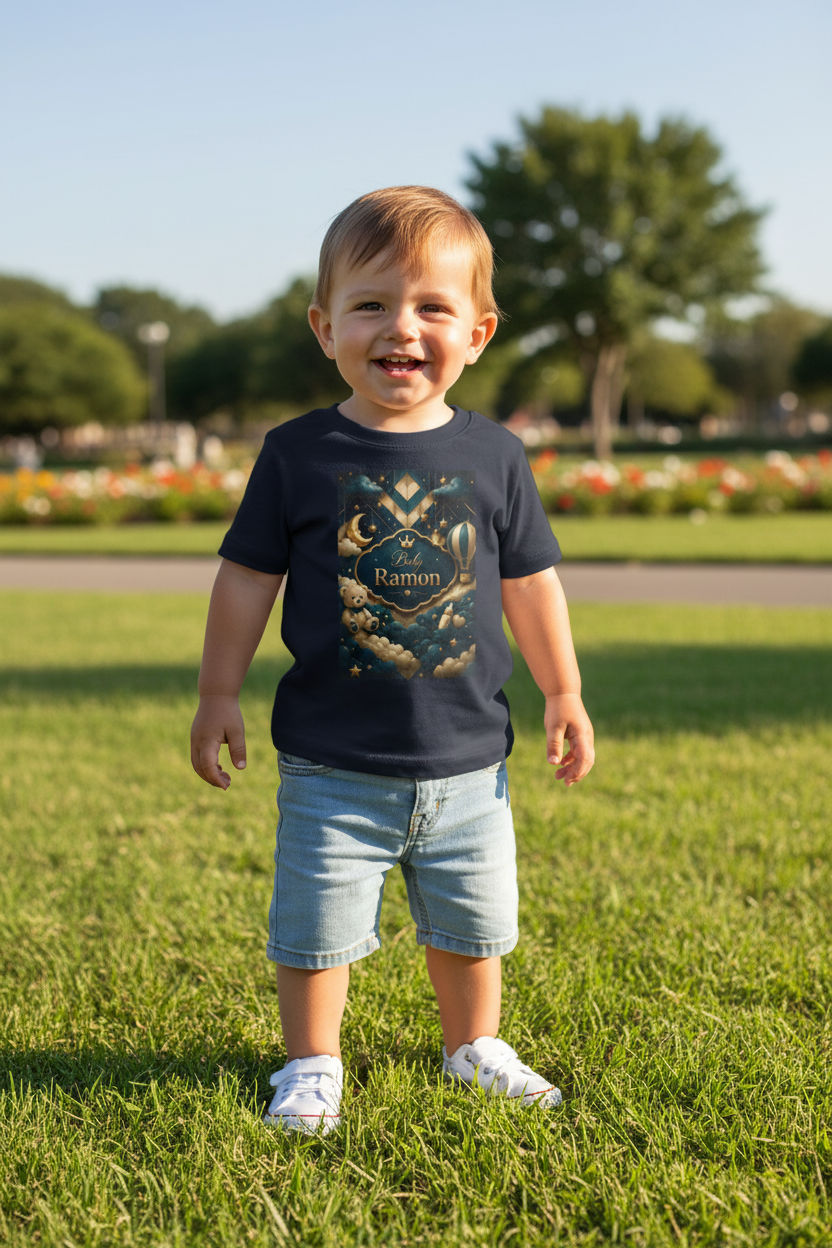 Infant Tee — Personalized 'Baby Ramon' Moon & Hot Air Balloon Night Sky Design