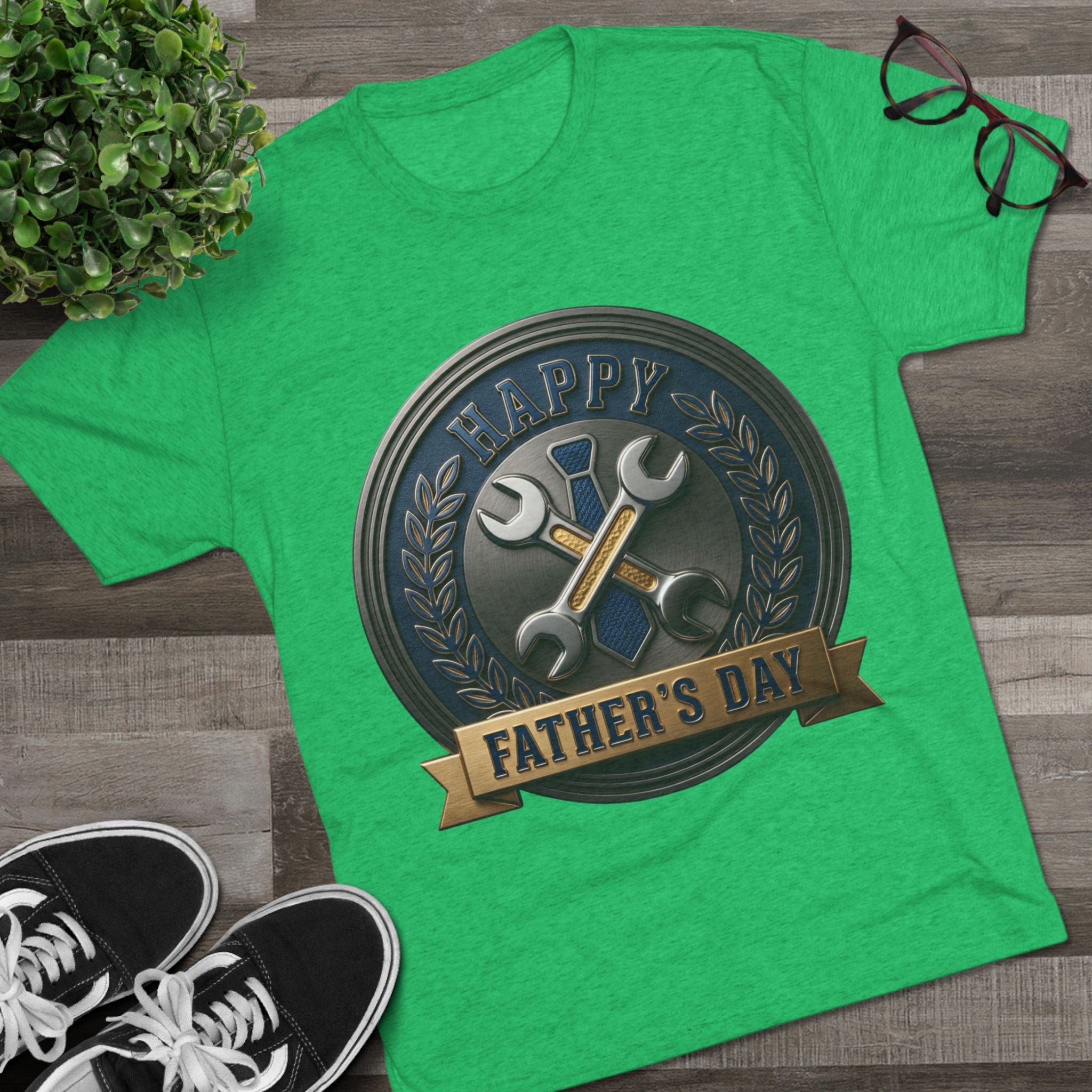 Father's Day Mechanics Badge Tee — Happy Father's Day Wrench & Hammer Crew Shirt