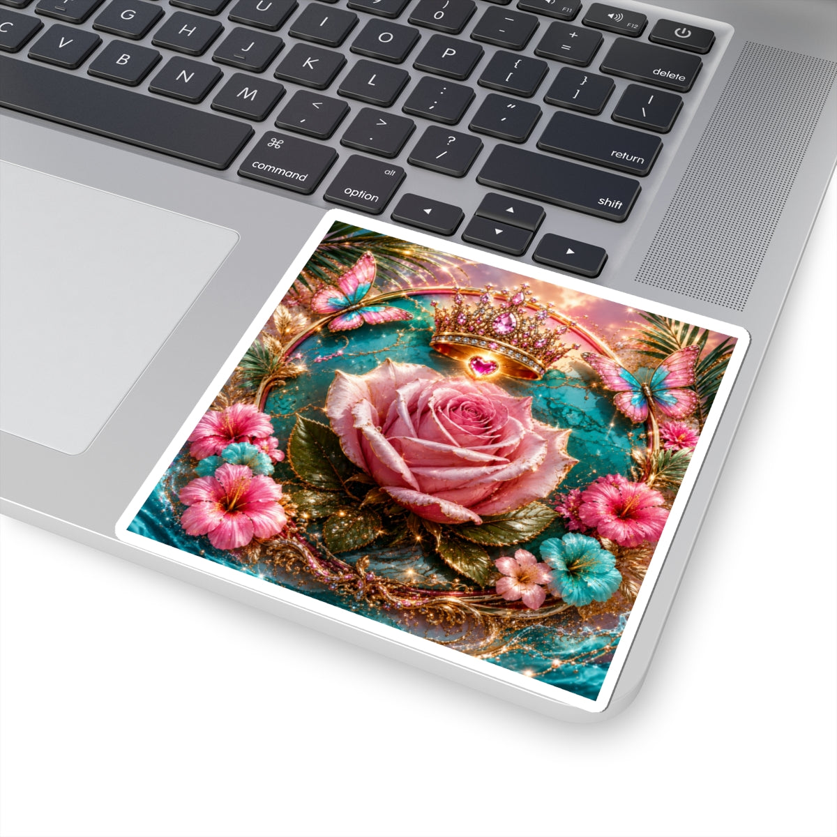 Royal Rose Kiss-Cut Sticker — Glitter Crown, Butterflies & Floral Vintage Decor
