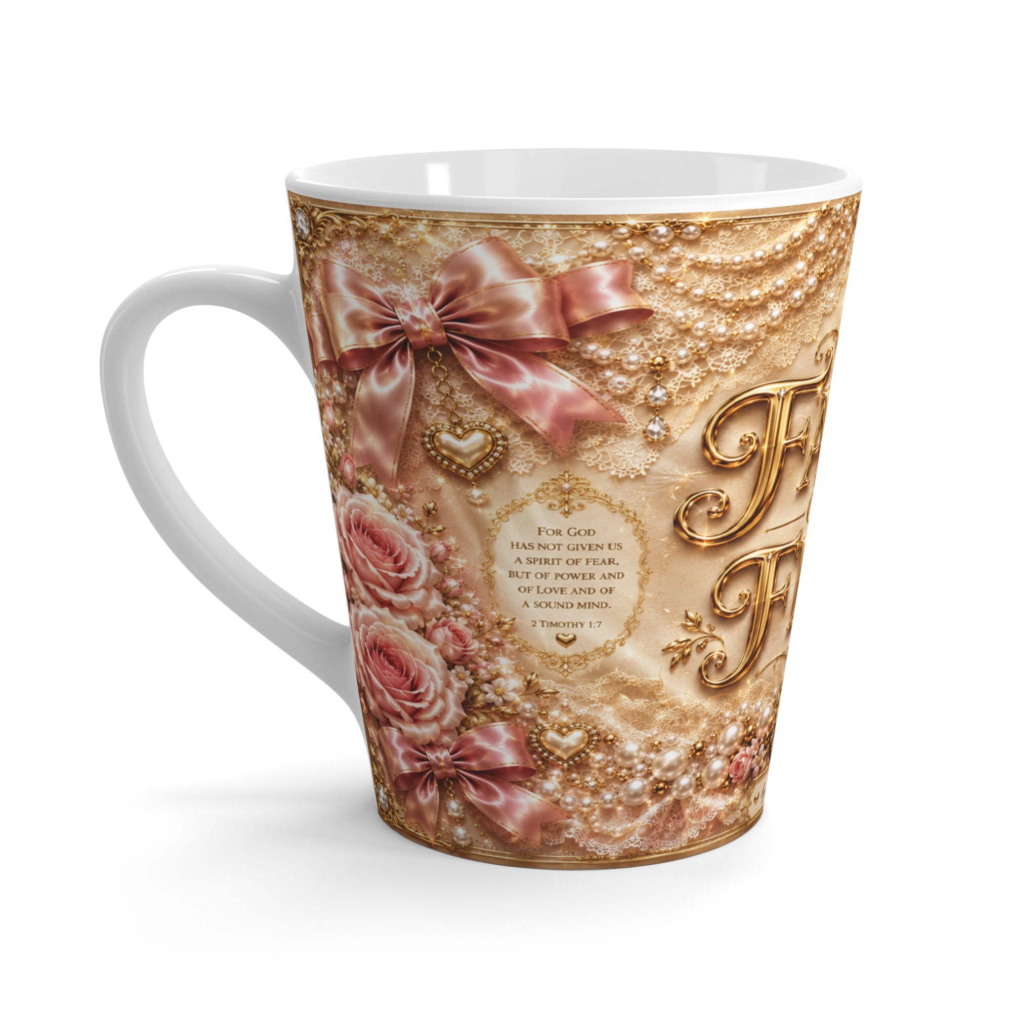 Faith Over Fear Latte Mug — Inspirational Religious Coffee Cup with Cross & Floral Design