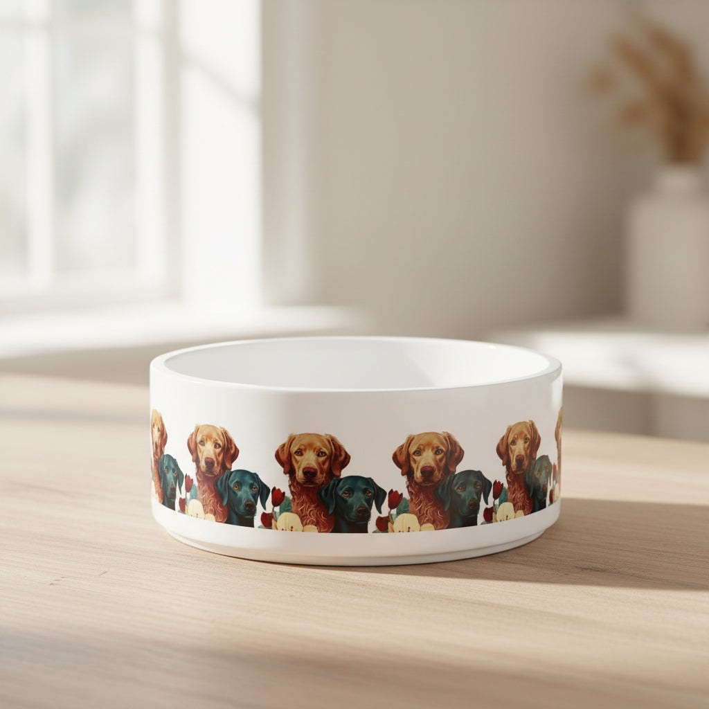 Dog Pattern Ceramic Pet Bowl — Colorful Labrador & Retriever Design