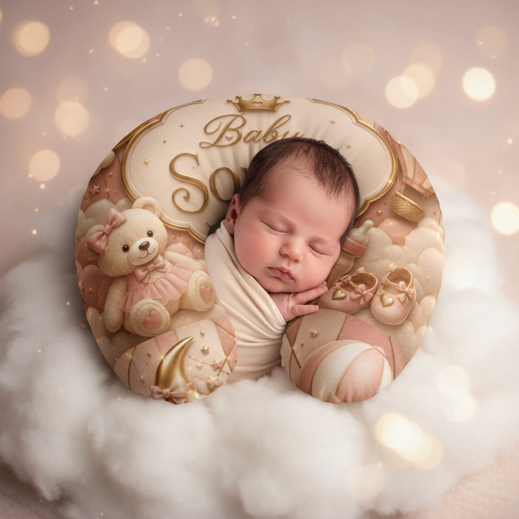Nursing Pillow Cover - Personalized 'Baby Sophia' Pink Teddy & Crown Newborn Decor
