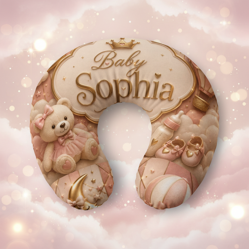 Nursing Pillow Cover - Personalized 'Baby Sophia' Pink Teddy & Crown Newborn Decor