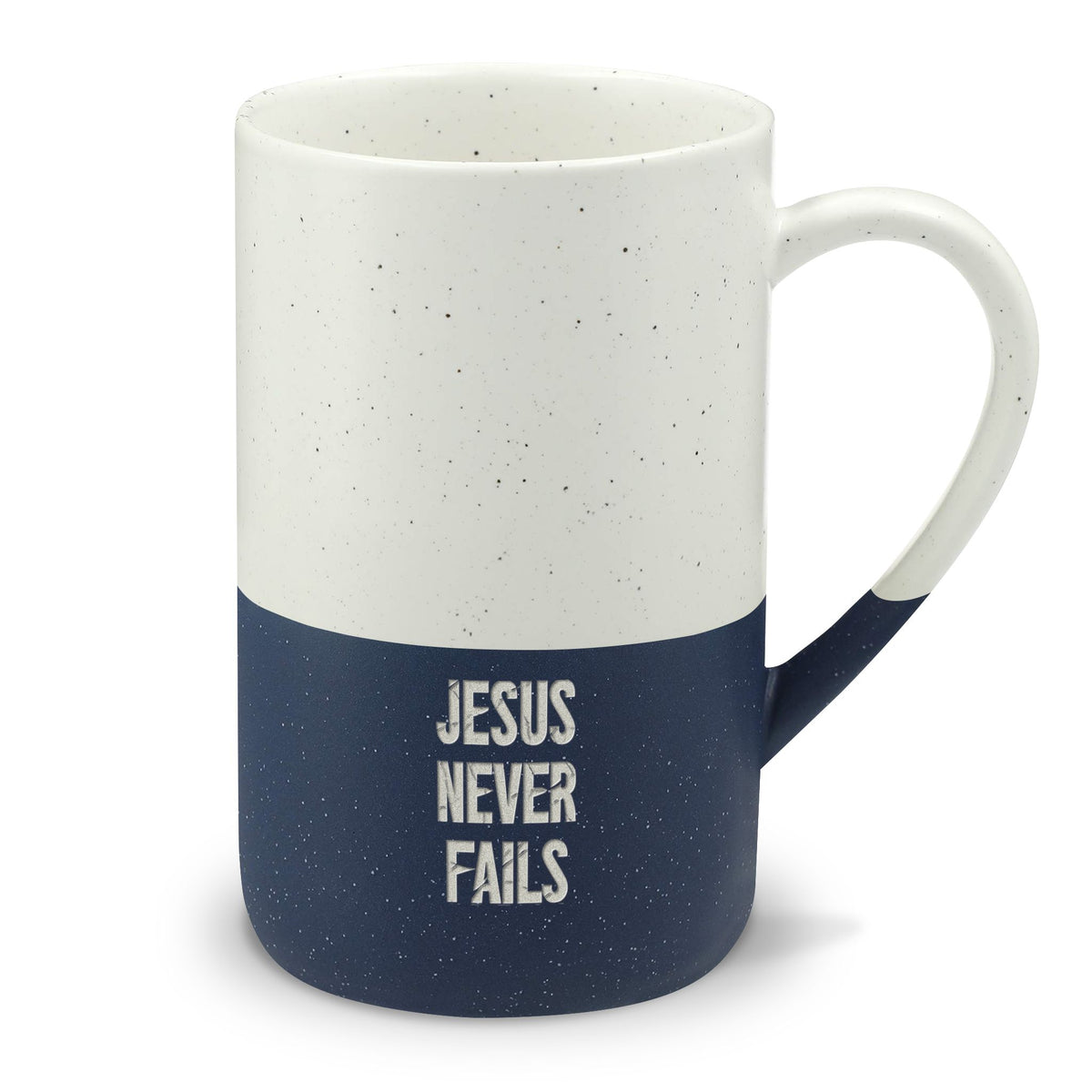 Speckled Ceramic Mug (13oz) – "Jesus Never Fails" Engraved Inspirational Coffee Cup