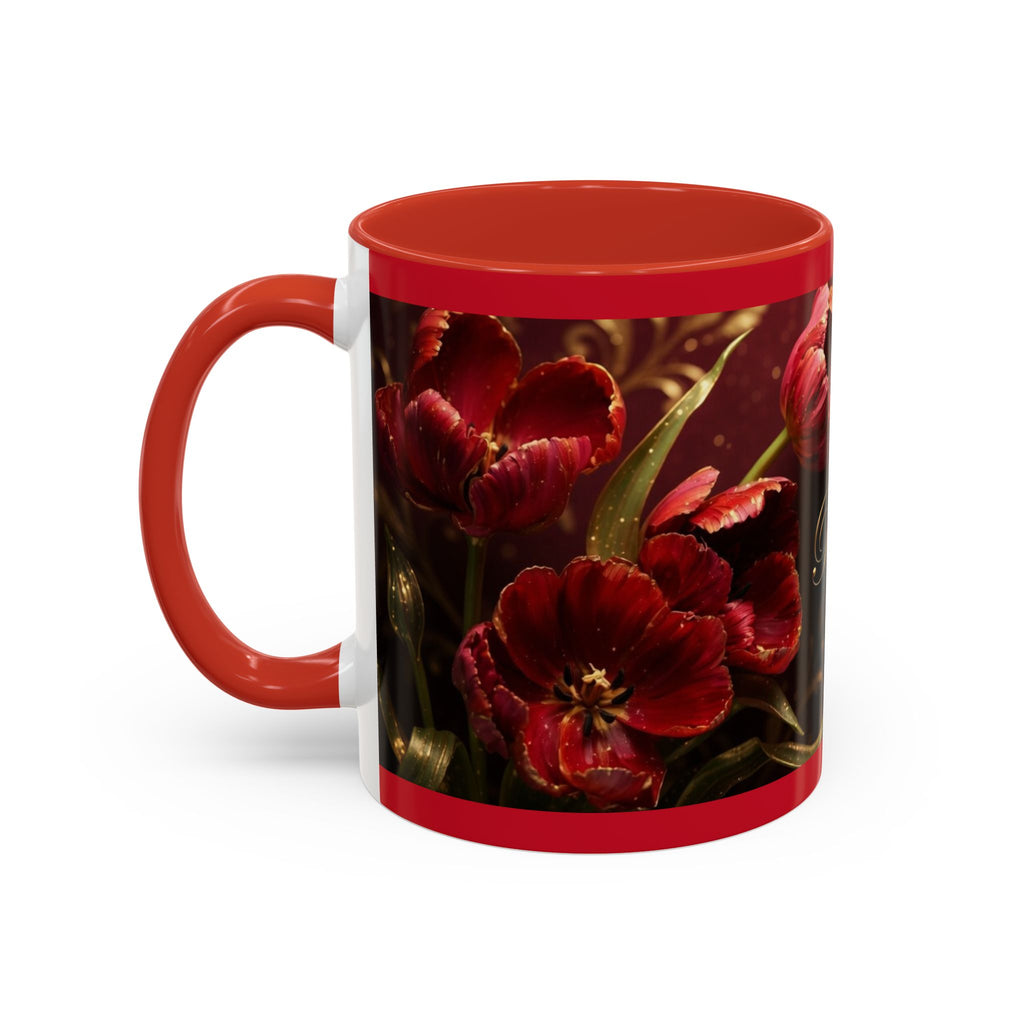 Red Tulip Floral Accent Coffee Mug | Personalized Name Script