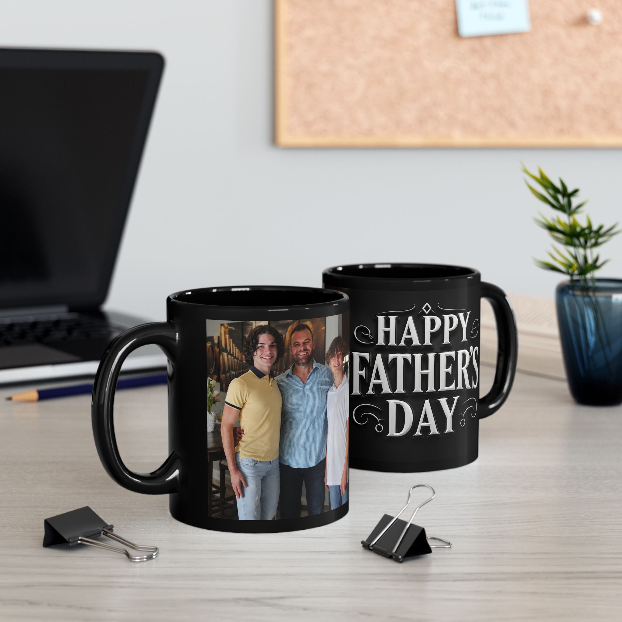 Happy Father’s Day Photo Mug — Personalized Black Coffee Cup (11oz, 15oz)