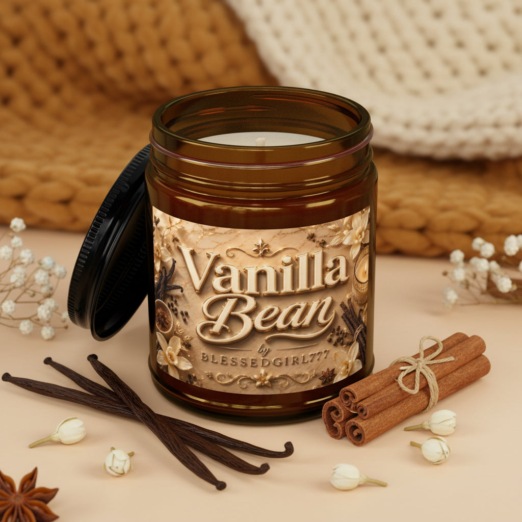 Spiced Vanilla Bean Scented Soy Candle — 4oz & 9oz Amber Jar with Black Lid