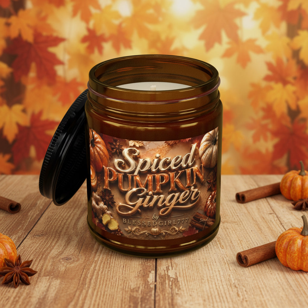 Spiced Pumpkin Ginger Soy Candle — 4oz & 9oz Amber Jar with Black Lid