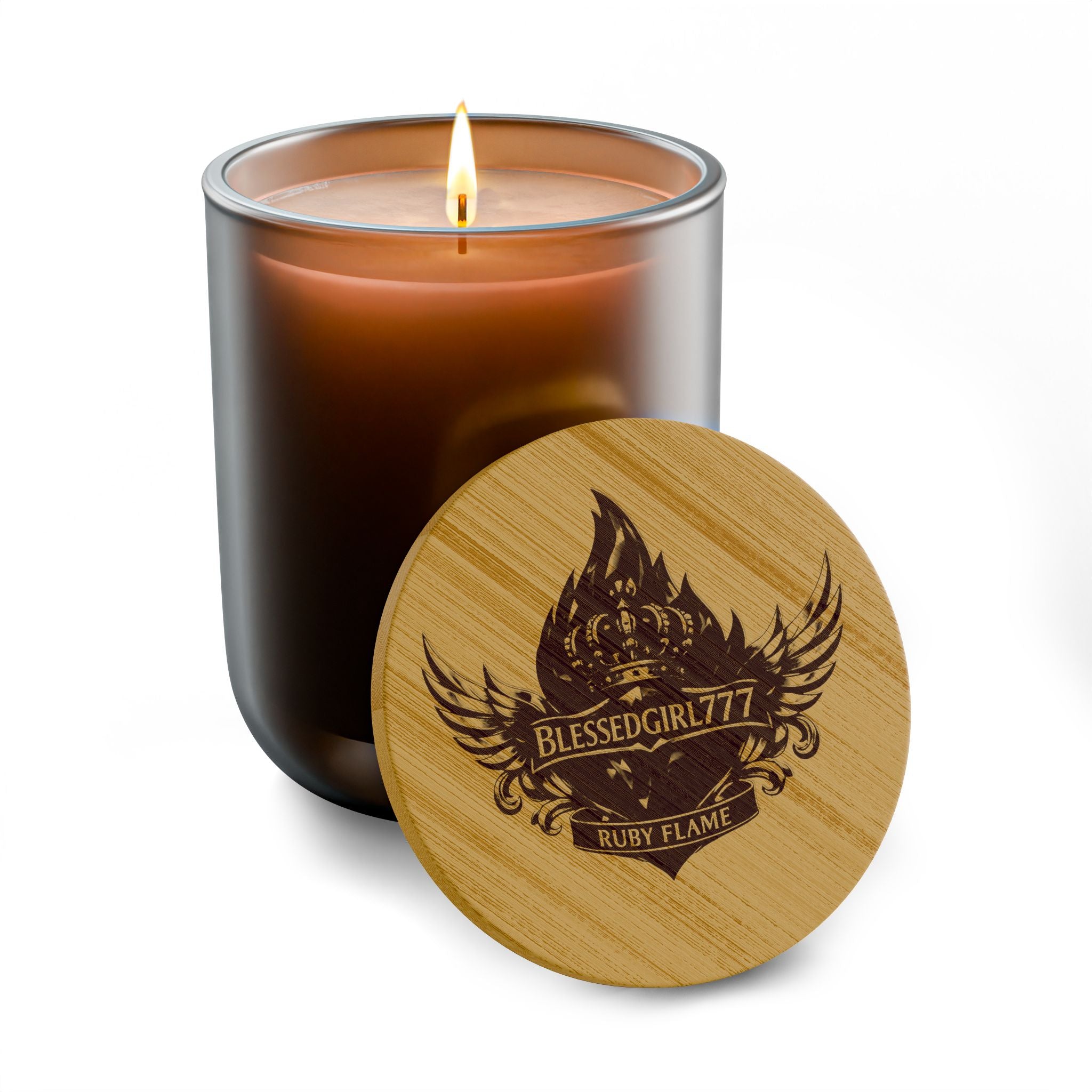 Engraved Soy Candle — 14oz Scented Candle with Custom Bamboo Lid (Rustic Crest Design)