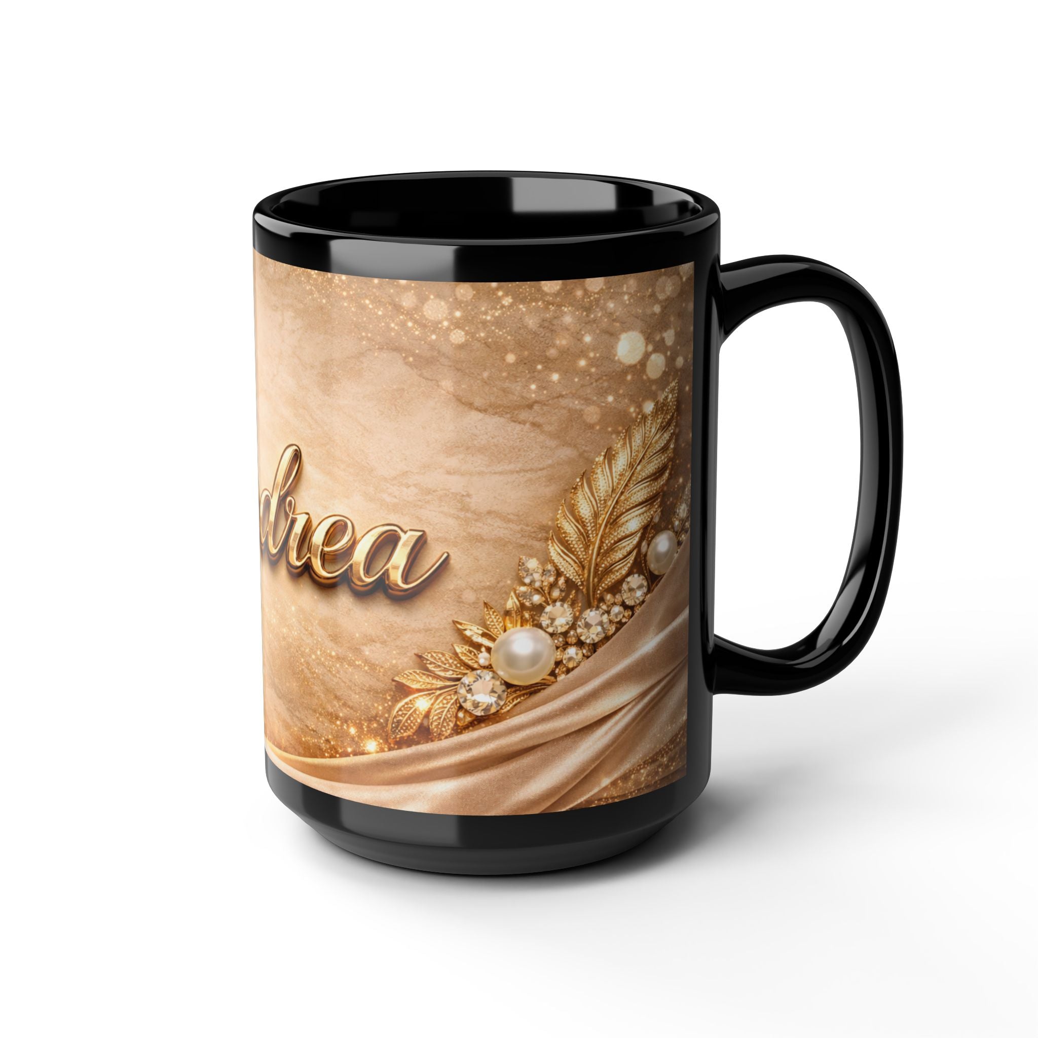 Personalized Gold Name Mug — Elegant Andrea Black Ceramic Coffee Cup (11oz & 15oz)