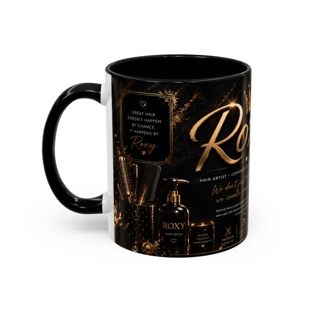 Personalized 'Roxy' Crown Coffee Mug — Elegant Black Gold Portrait Accent Mug (11/15oz)