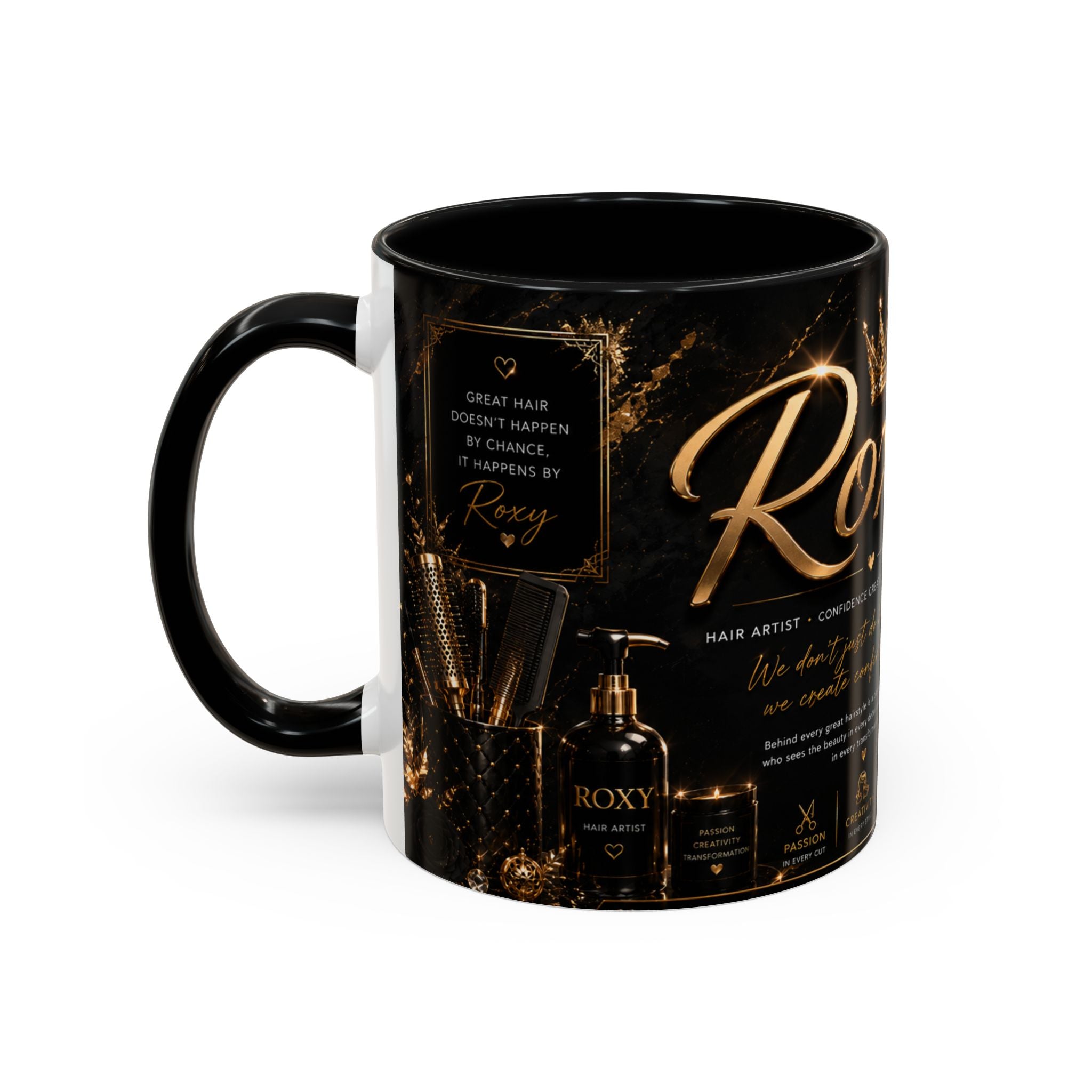 Personalized 'Roxy' Crown Coffee Mug — Elegant Black Gold Portrait Accent Mug (11/15oz)