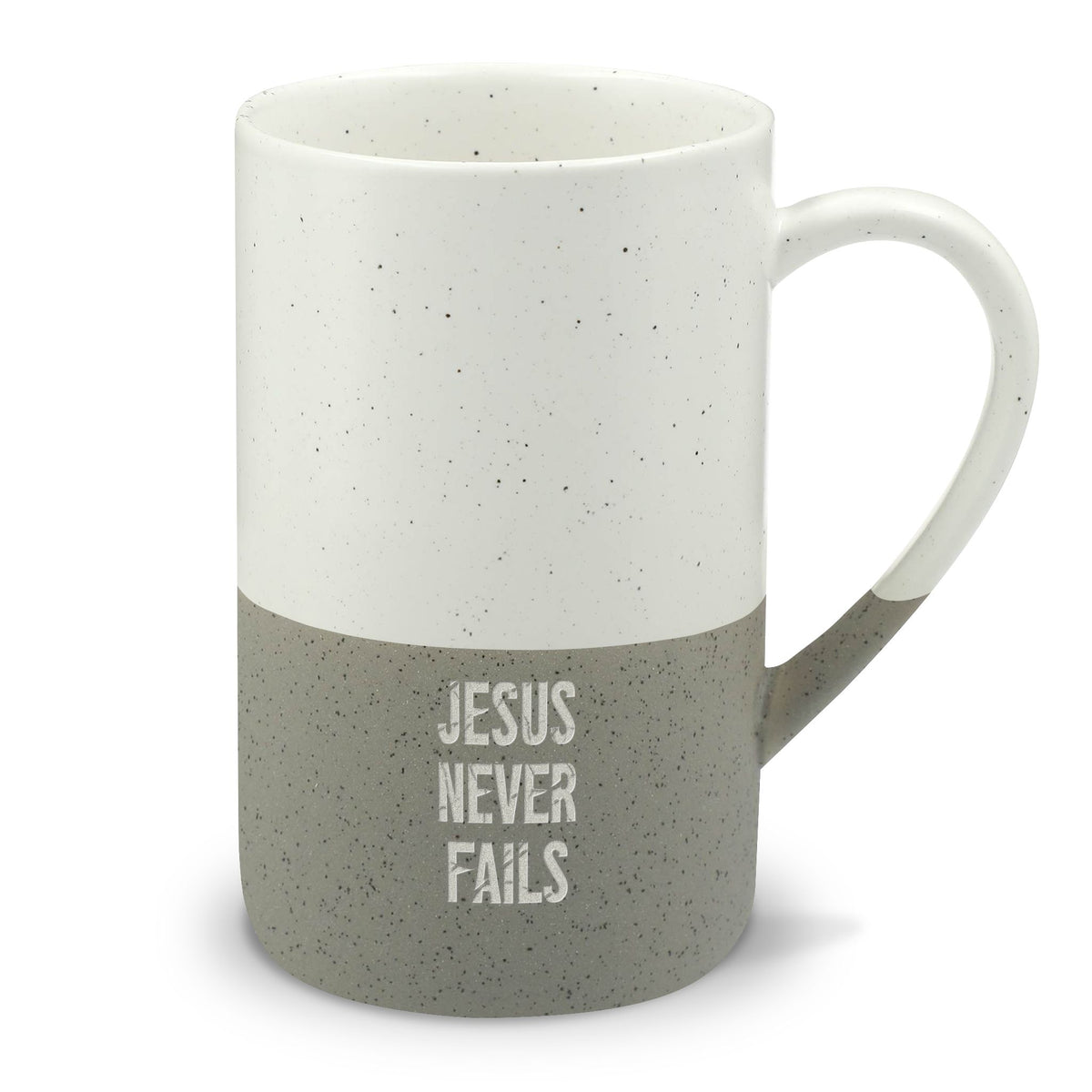 Speckled Ceramic Mug (13oz) – "Jesus Never Fails" Engraved Inspirational Coffee Cup