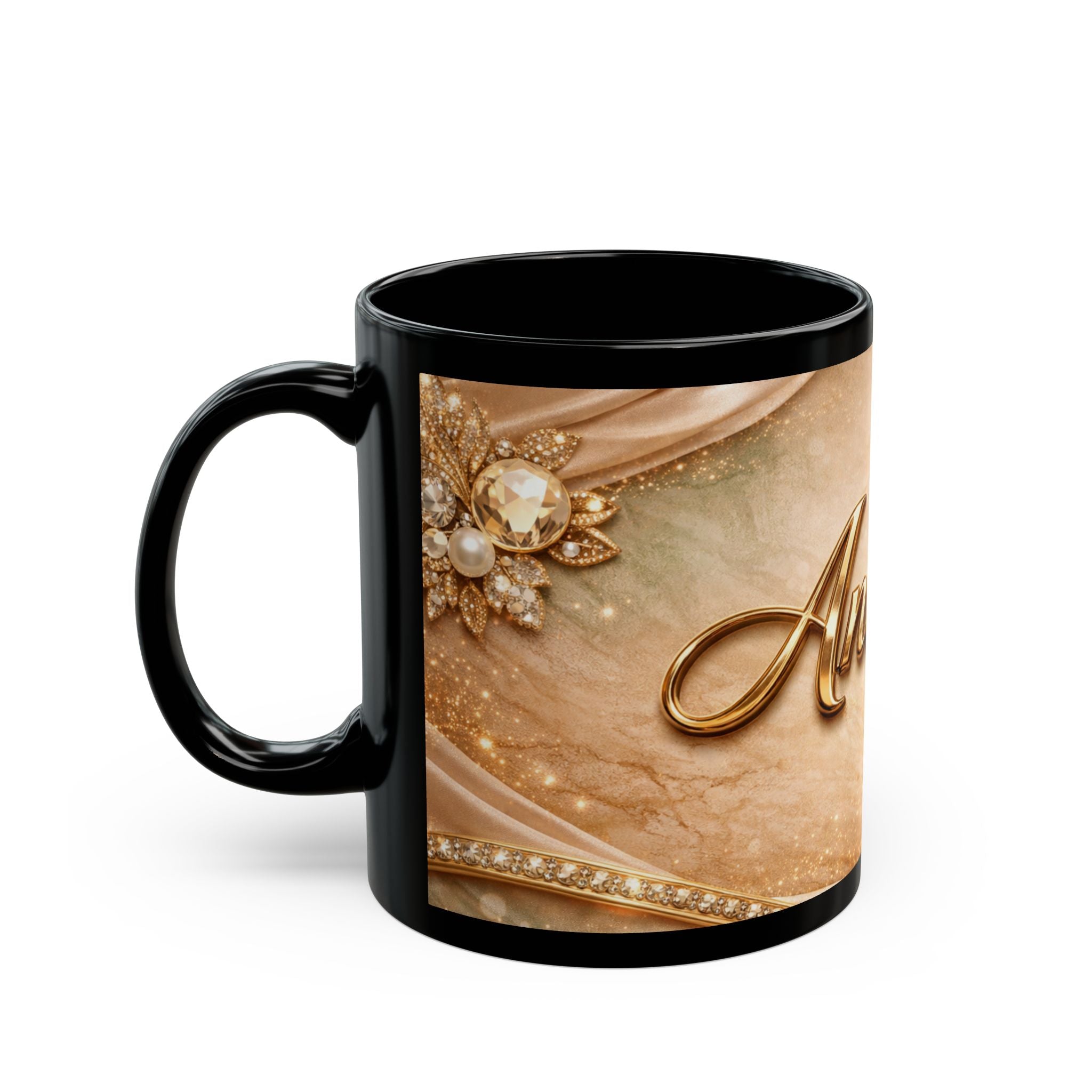 Personalized Gold Name Mug — Elegant Andrea Black Ceramic Coffee Cup (11oz & 15oz)