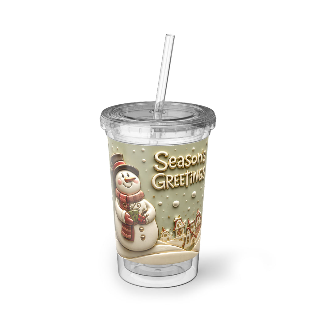 Seasons Greetings Snowman Acrylic Cup | Holiday Winter Scene