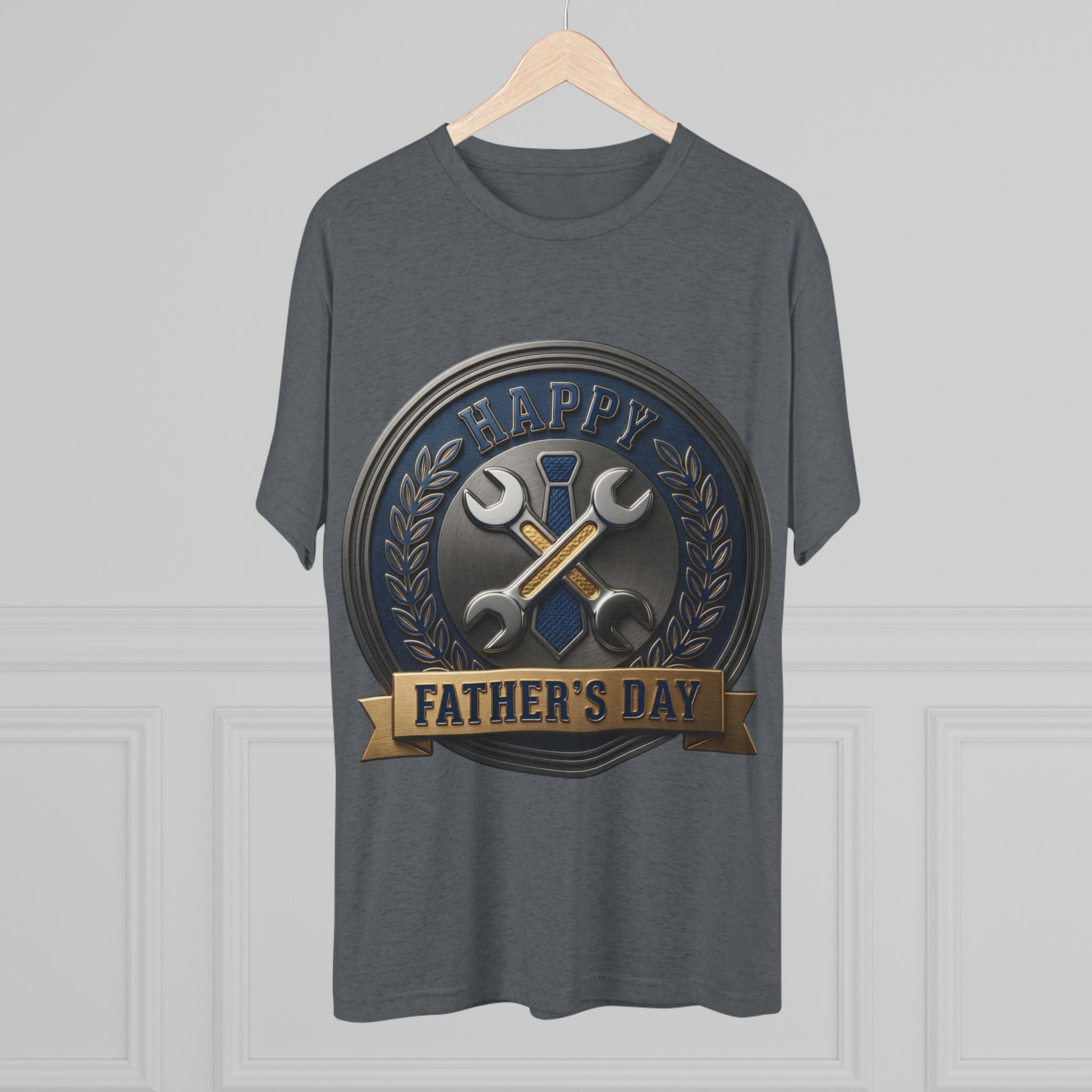 Father's Day Mechanics Badge Tee — Happy Father's Day Wrench & Hammer Crew Shirt