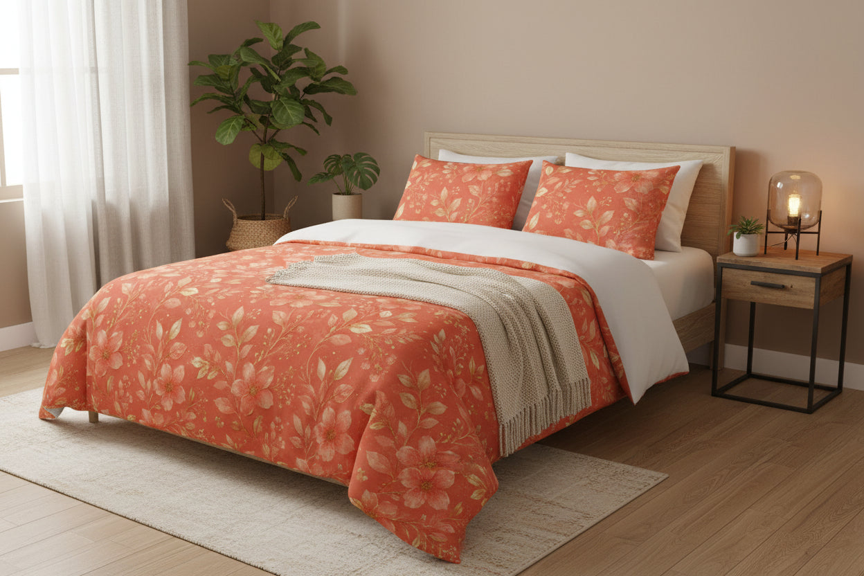 Floral Cotton Duvet Cover Set — Coral Vintage Blossom Bedding
